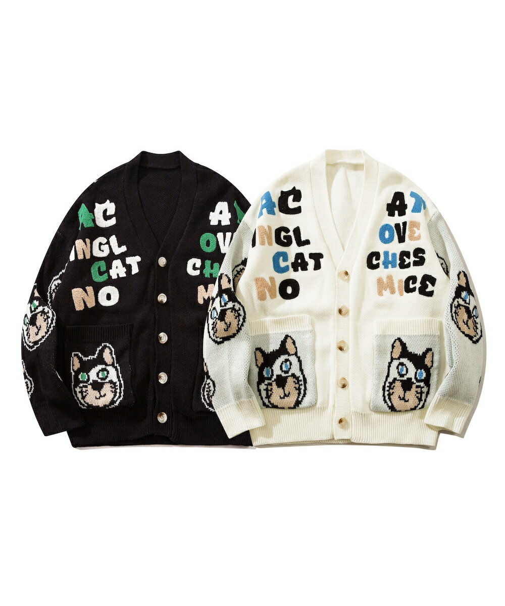 サガラ刺繍猫柄Vネックカーディガン 韓国ファッション ユニセックス／フック（HOOK）