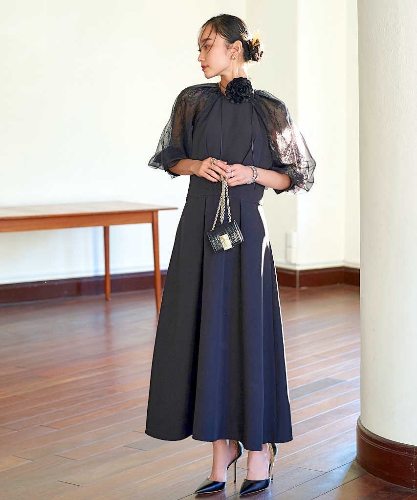 【S〜LL】オーガンジー×レース コンビネーションワンピースドレス（チョーカー付き）／ルイルエブティ..