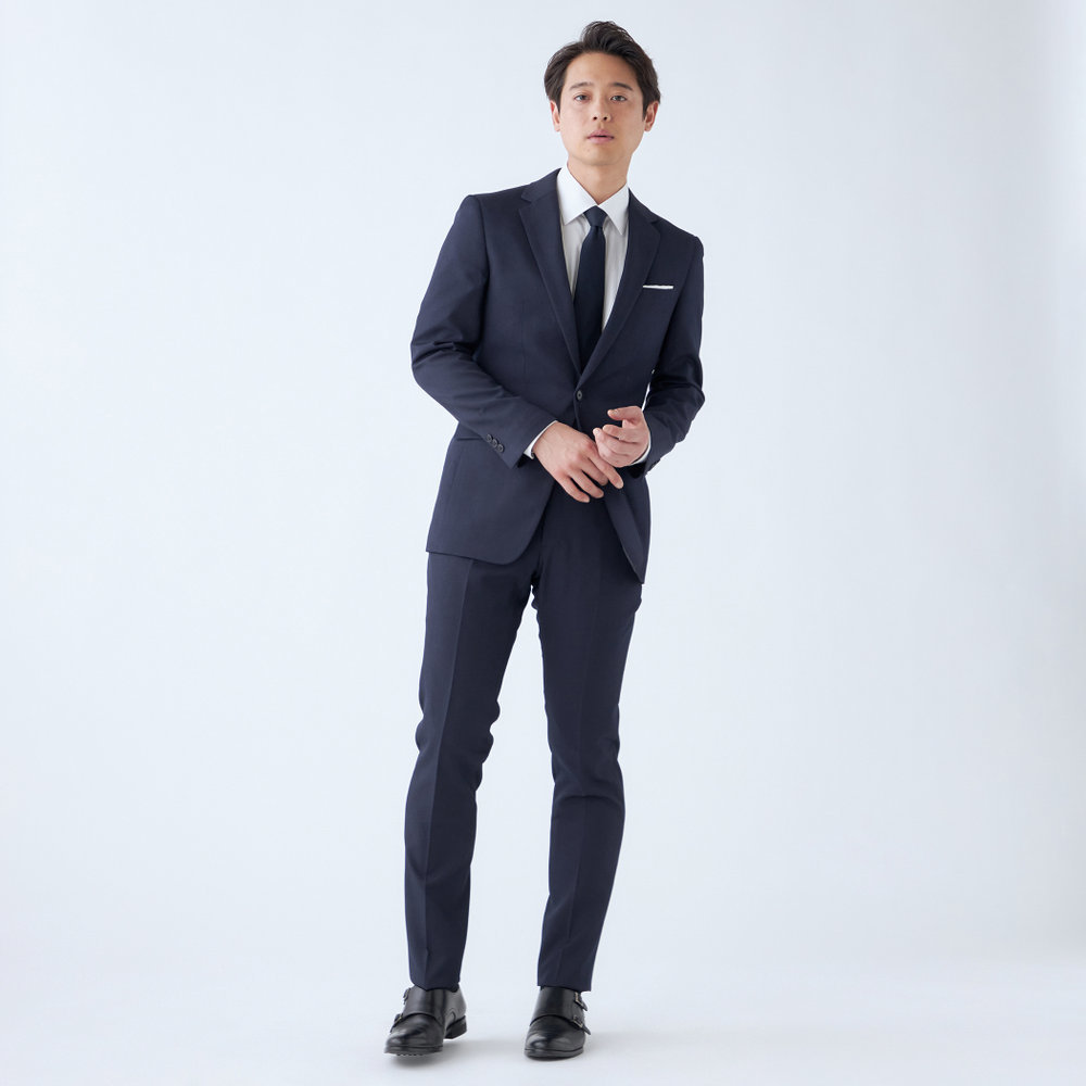 【洗える2釦スーツ】ノータック ネイビー×ストライプ ウォッシャブル／スーツセレクト（SUIT SELECT）