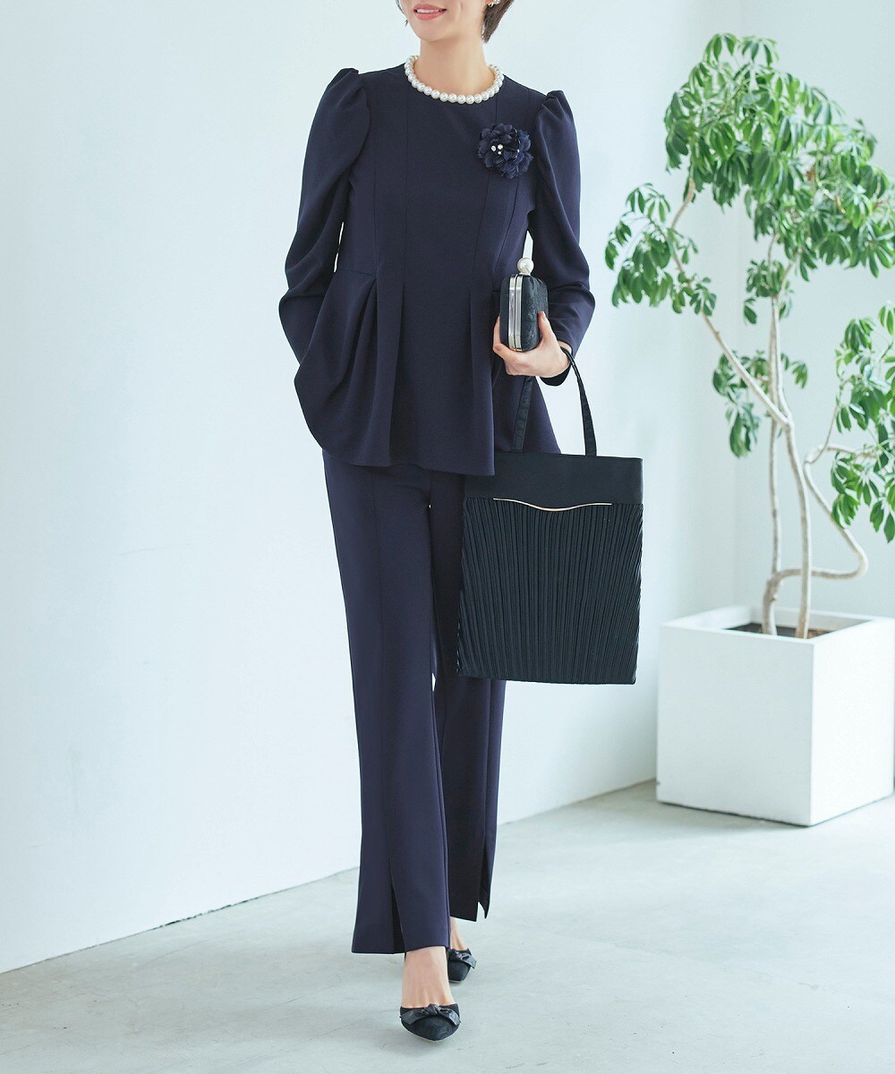 【S～3L】パールネックレッグオブマトンスリーブ＆ センタースリットセミフレアパンツセットアップ／ルイルエブティック（RUIRUE BOUTIQUE）