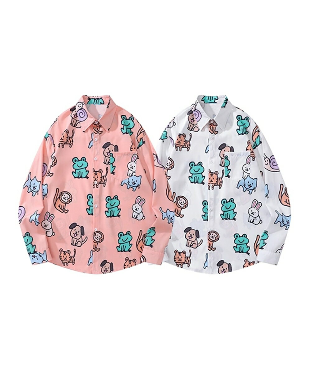 【HOOK】かわいい動物イラスト総柄プリントシャツ／アイモハ（aimoha）