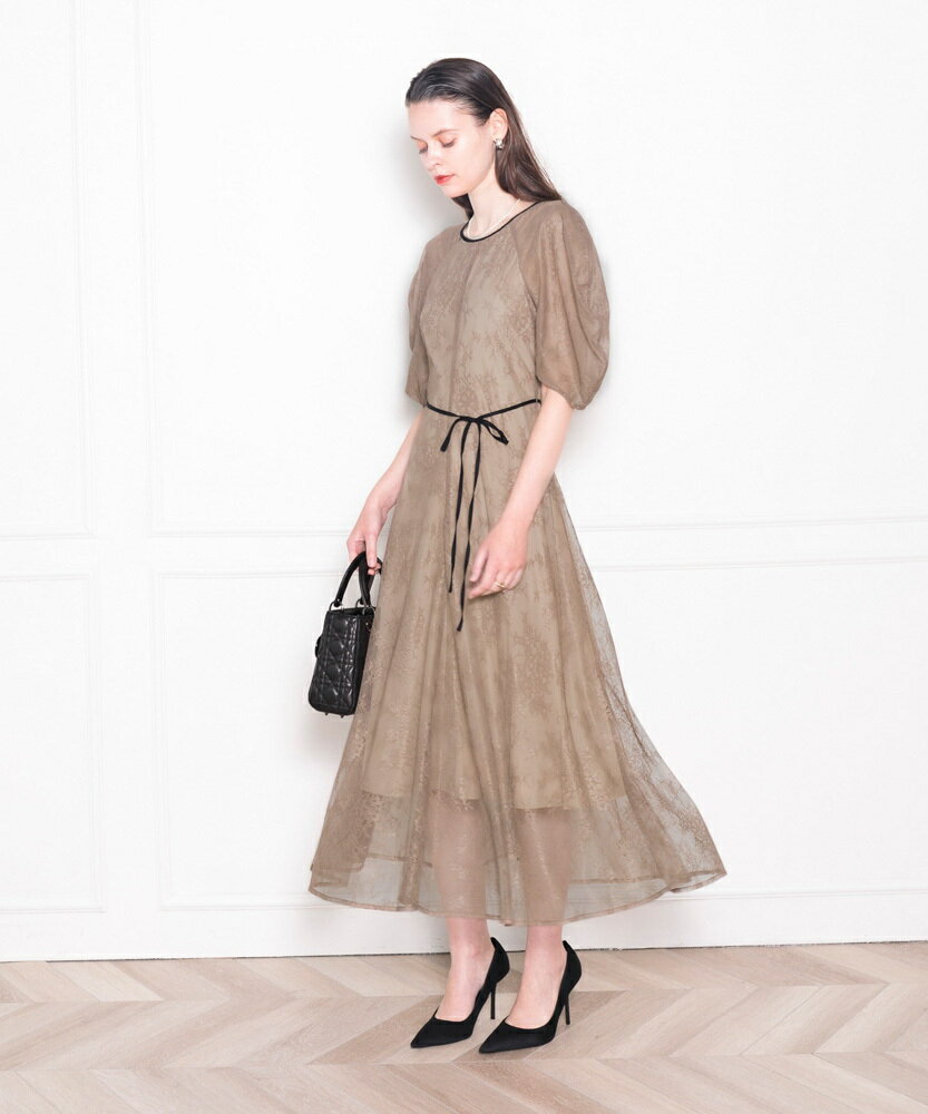 【LEJA】パフスリーブウエストリボン総レースロングドレスワンピース/レジャ(Leja)