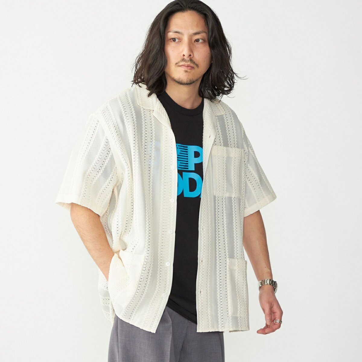 BENCH MARKING SHIRT: ストライプレース オープンカラー 半袖 シャツ/シップス(SHIPS)