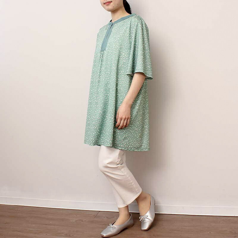 【大きいサイズ】小紋柄 異素材使い チュニック／エムビー ミントブリーズ　（MB mint breeze）