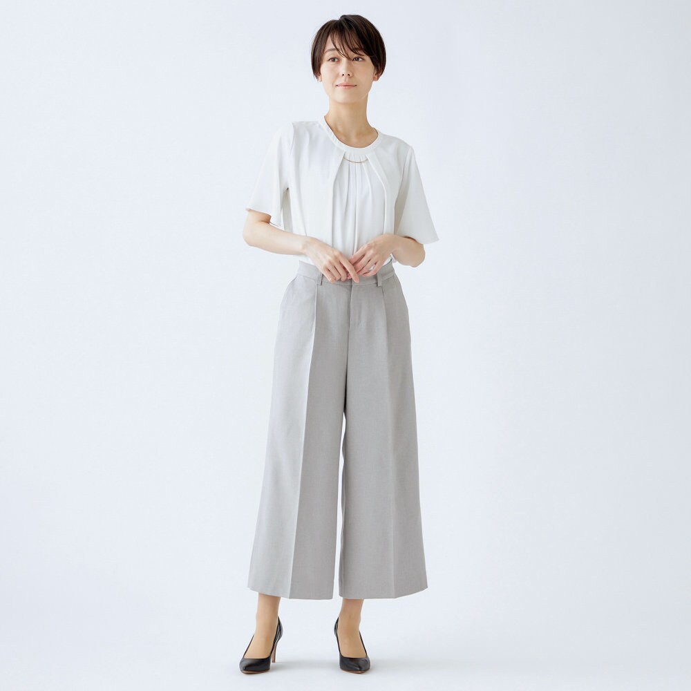 【オールシーズン】洗えるガウチョパンツ ストレッチツイル素材 グレー セットアッ...