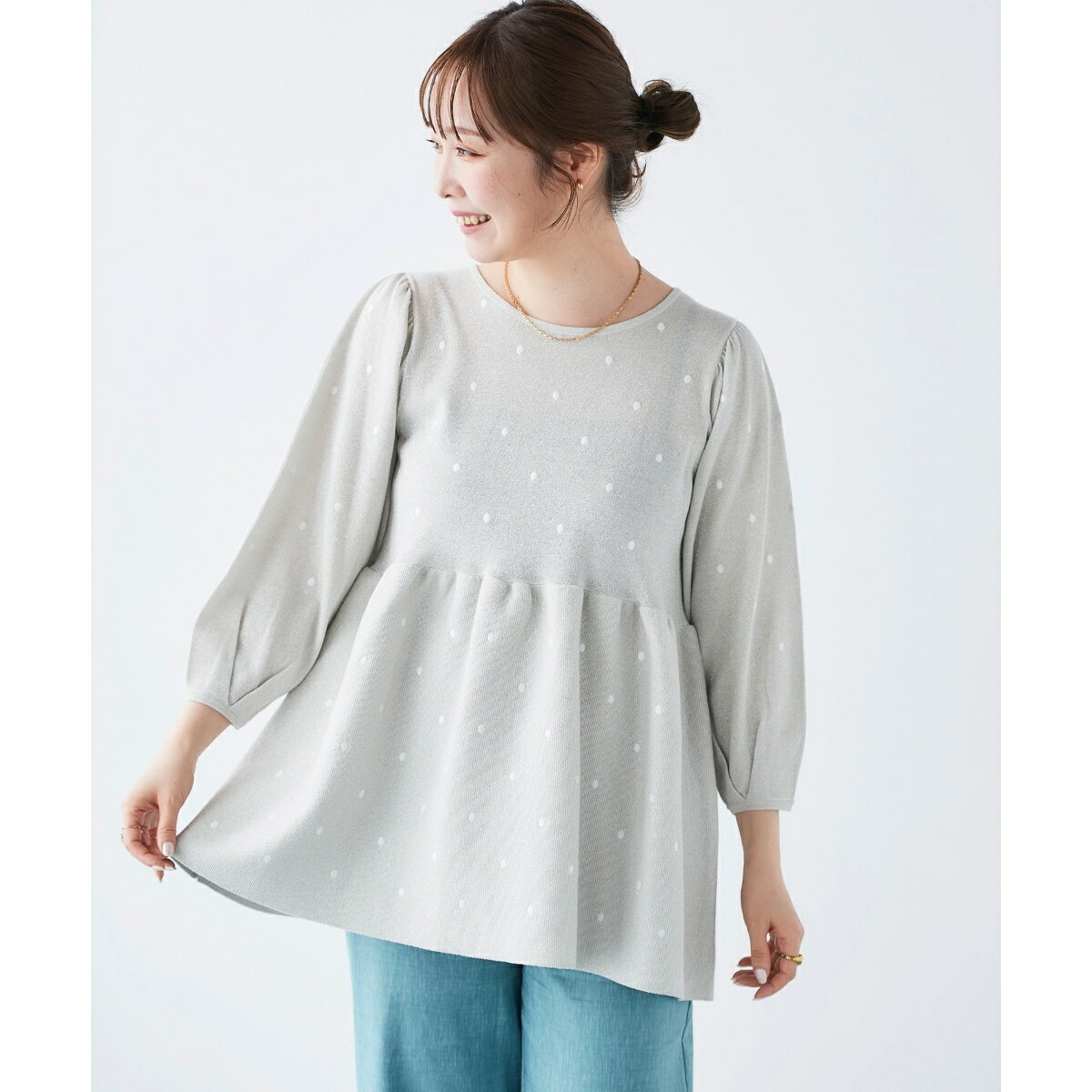 《手洗い可能》Perle Peche ラメドット刺繍ペプラムニット／ルクールブラン（le.coeur blanc）
