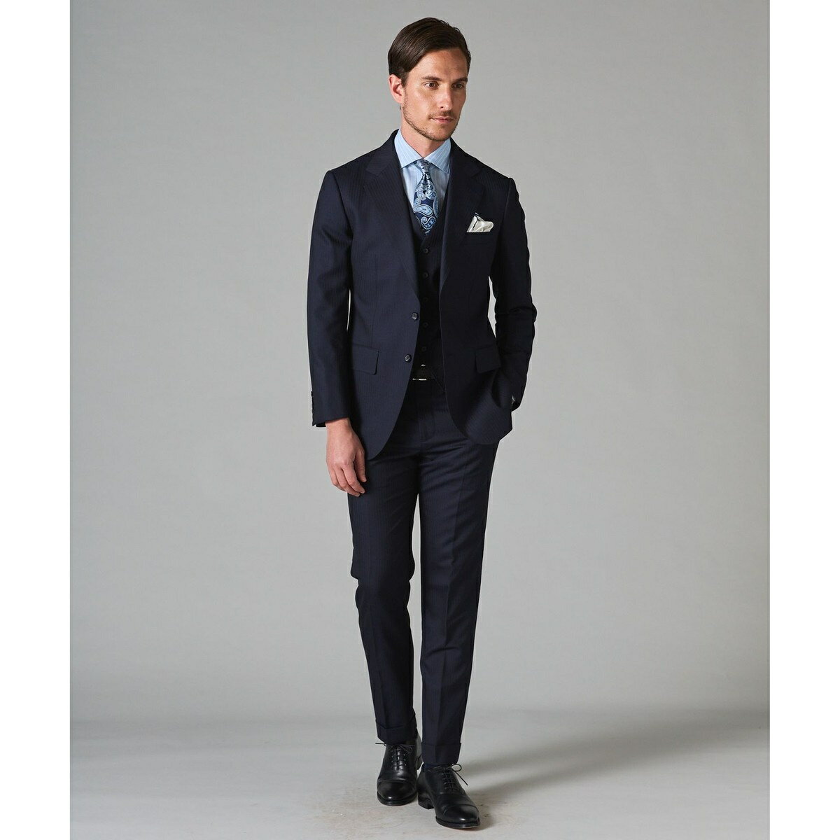 【御幸毛織】Superio160 ウールカシミヤ スーツ（ネイビーストライプ）／五大陸（gotairiku）