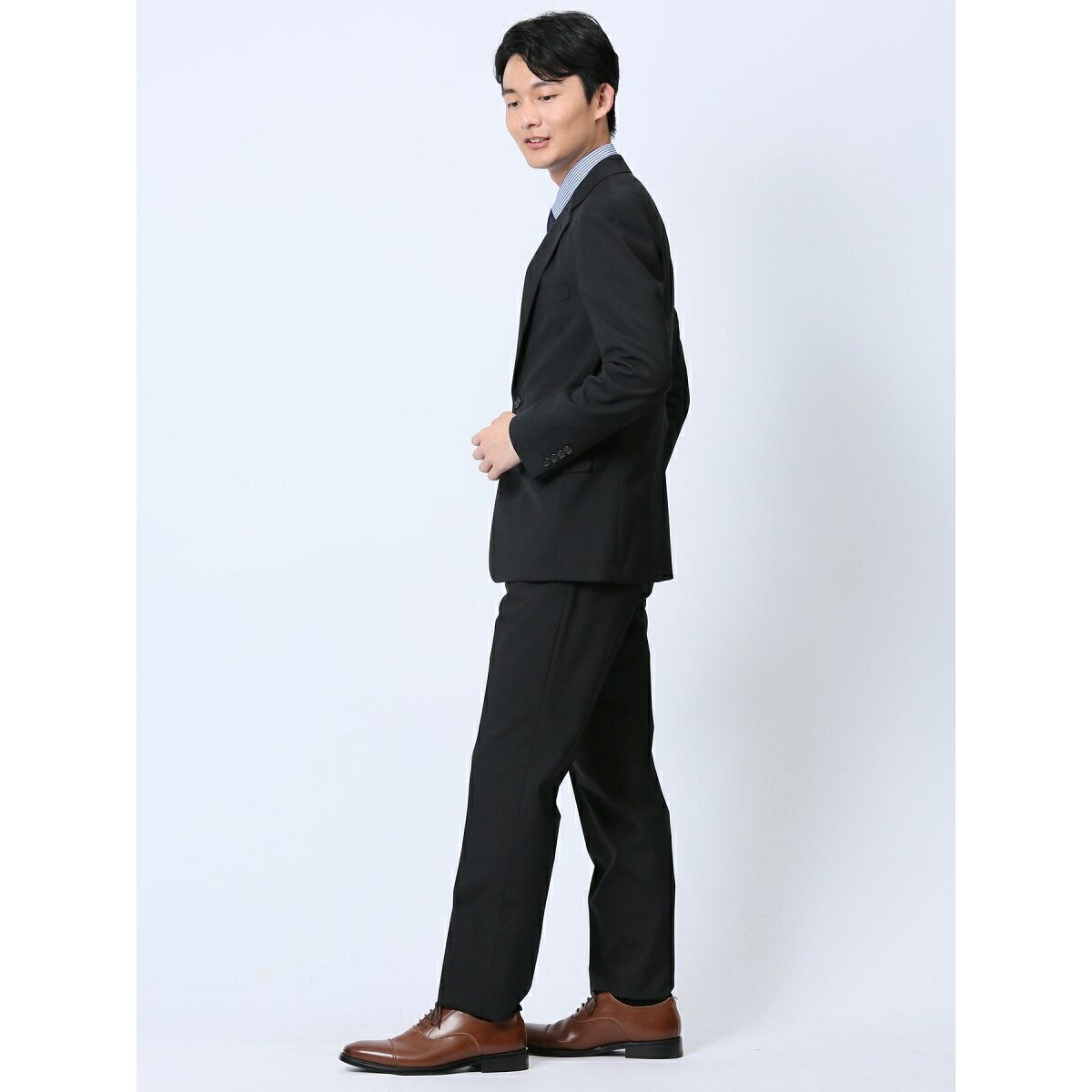 タカキュー ウール混 2ボタン2ピース ビジネスセットアップスーツ ストライプ黒／タカキュー（TAKA-Q）