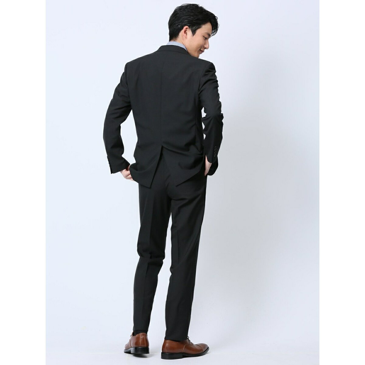 タカキュー ウール混 2ボタン2ピース ビジネスセットアップスーツ ストライプ黒／タカキュー（TAKA-Q）