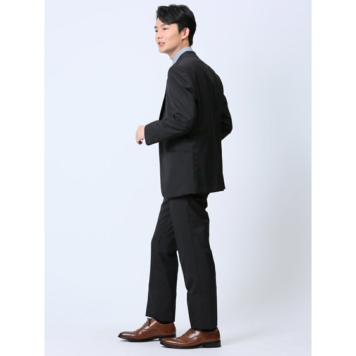 【ウール混 パンツウォッシャブル】タカキュー 2ボタン2ピース セットアップスーツ ストライプ黒／タカキュー（TAKA-Q）