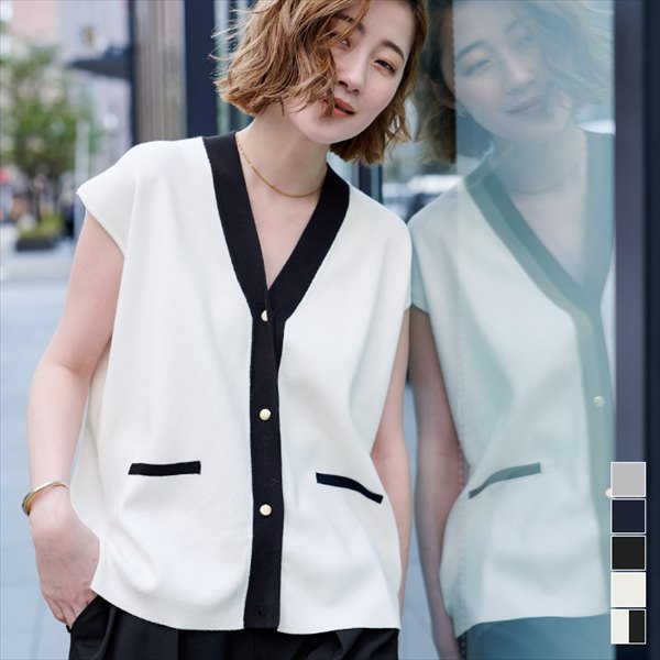 ゴールド釦Vネックフレンチスリーブニット／ユアーズ（ur's）