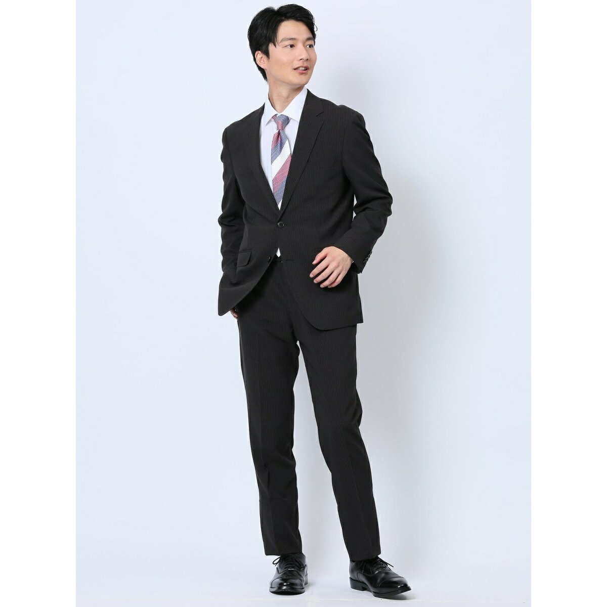 【ストレッチ ウォッシャブル】タカキュー 2ボタン2ピース ビジネスセットアップスーツ ストライプ黒／タカキュー（TAKA-Q）
