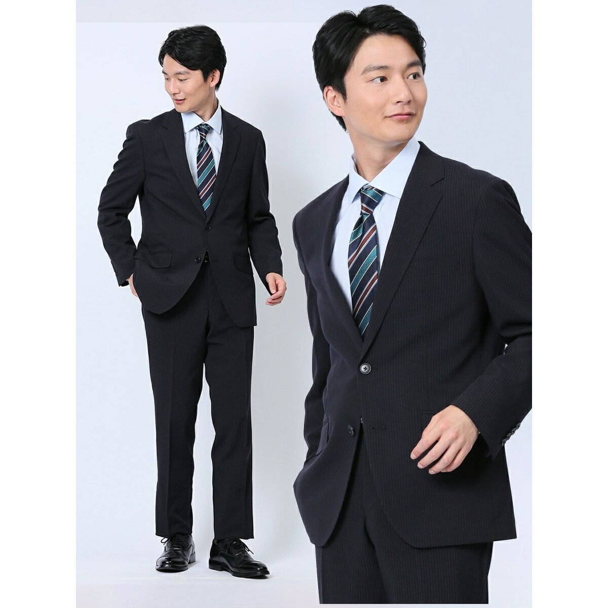 【ストレッチ ウォッシャブル】タカキュー 2ボタン2ピース ビジネスセットアップスーツ ストライプ紺／タカキュー（TAKA-Q）