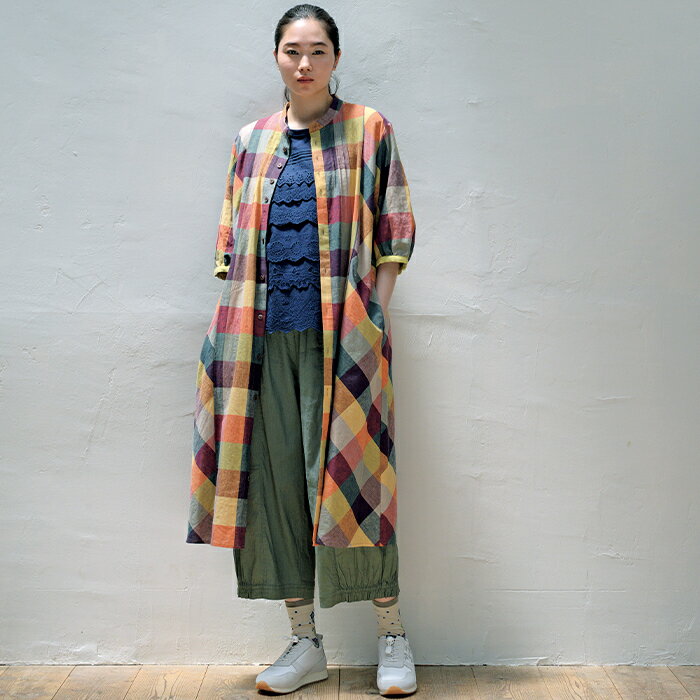 綿麻マルチチェックワンピース(前開き)／スーパーハッカ（SUPER HAKKA）のサムネイル