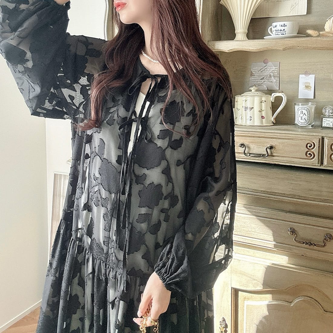 Meiru フラワージャガードシアーリボンワンピース/メイル(Meiru)