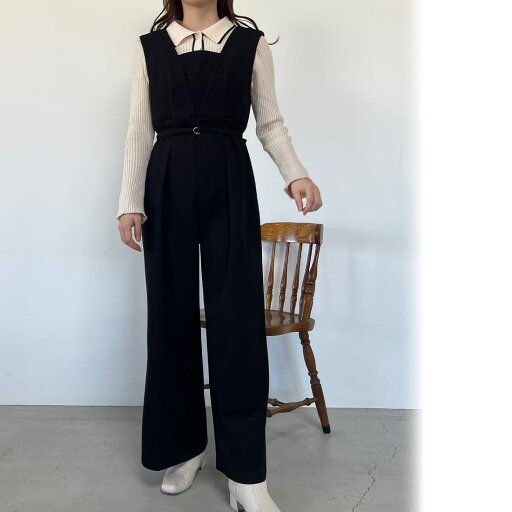 Vネックハイウエストベルト付きサロペット/ジュノア(JUNOAH) Vネックハイウエストベルト付きサロペット/ジュノア(JUNOAH)
