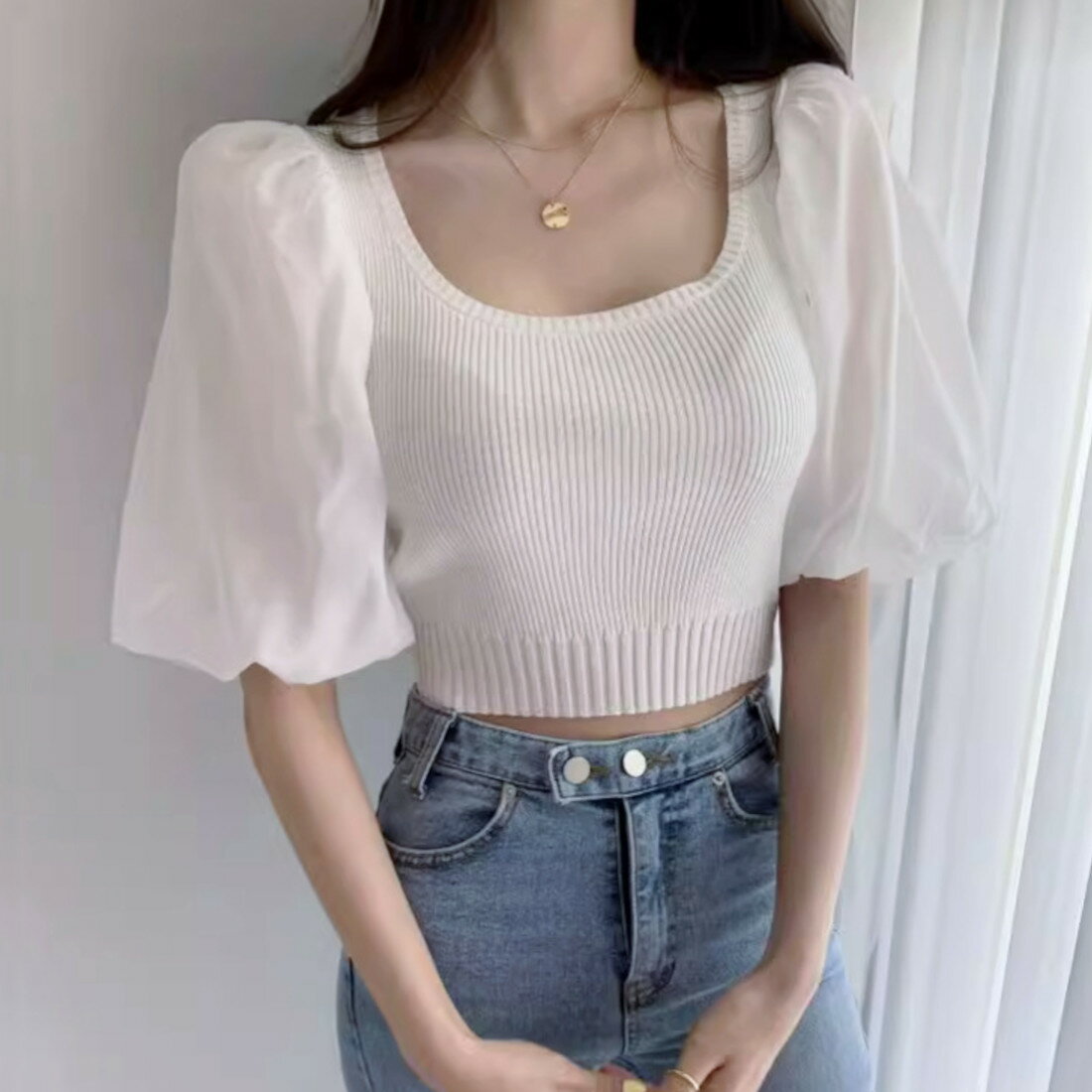 シアーパフスリーブ半袖サマーニット／メゾンドラティール（maison de LATIR）