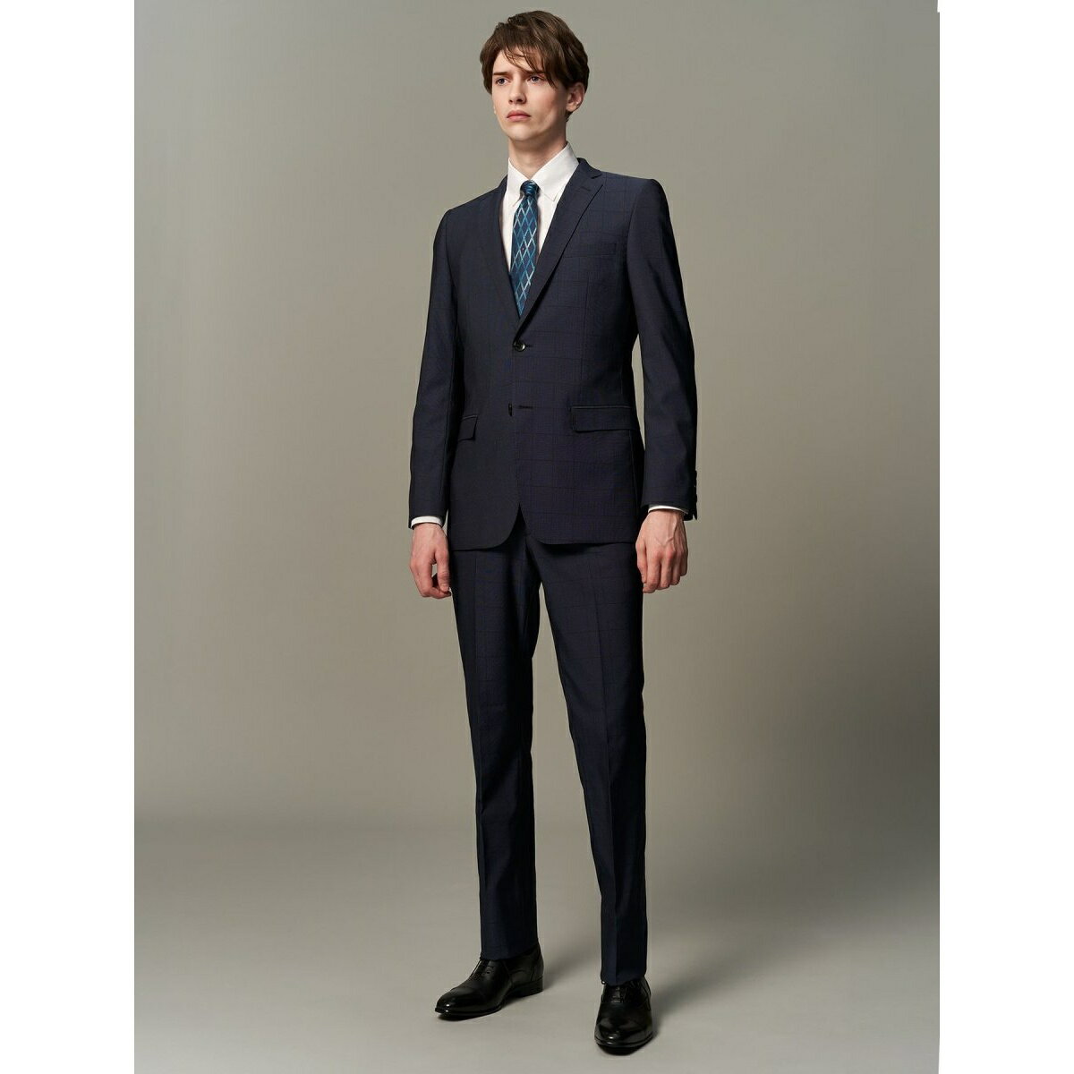 【超光沢 ストレッチ】レノマ オム 2ボタン3ピース ビジネスセットアップスーツ ウィンドペン紺／タカキュー（TAKA-Q）