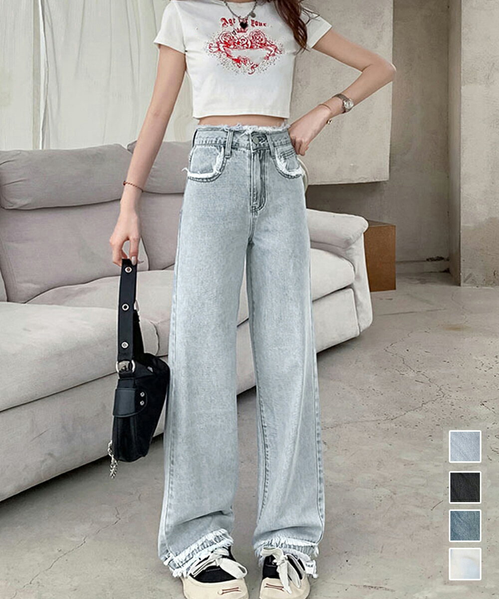 フリンジ デニムパンツ ハイウエスト美脚／ミニミニストア（miniministore）