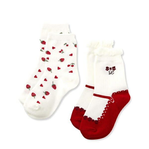 ストラップシューズデザイン+リボンケーキフルーツ総柄ソックス2点セット(13~21cm)/スラップスリップ(SLAP SLIP)