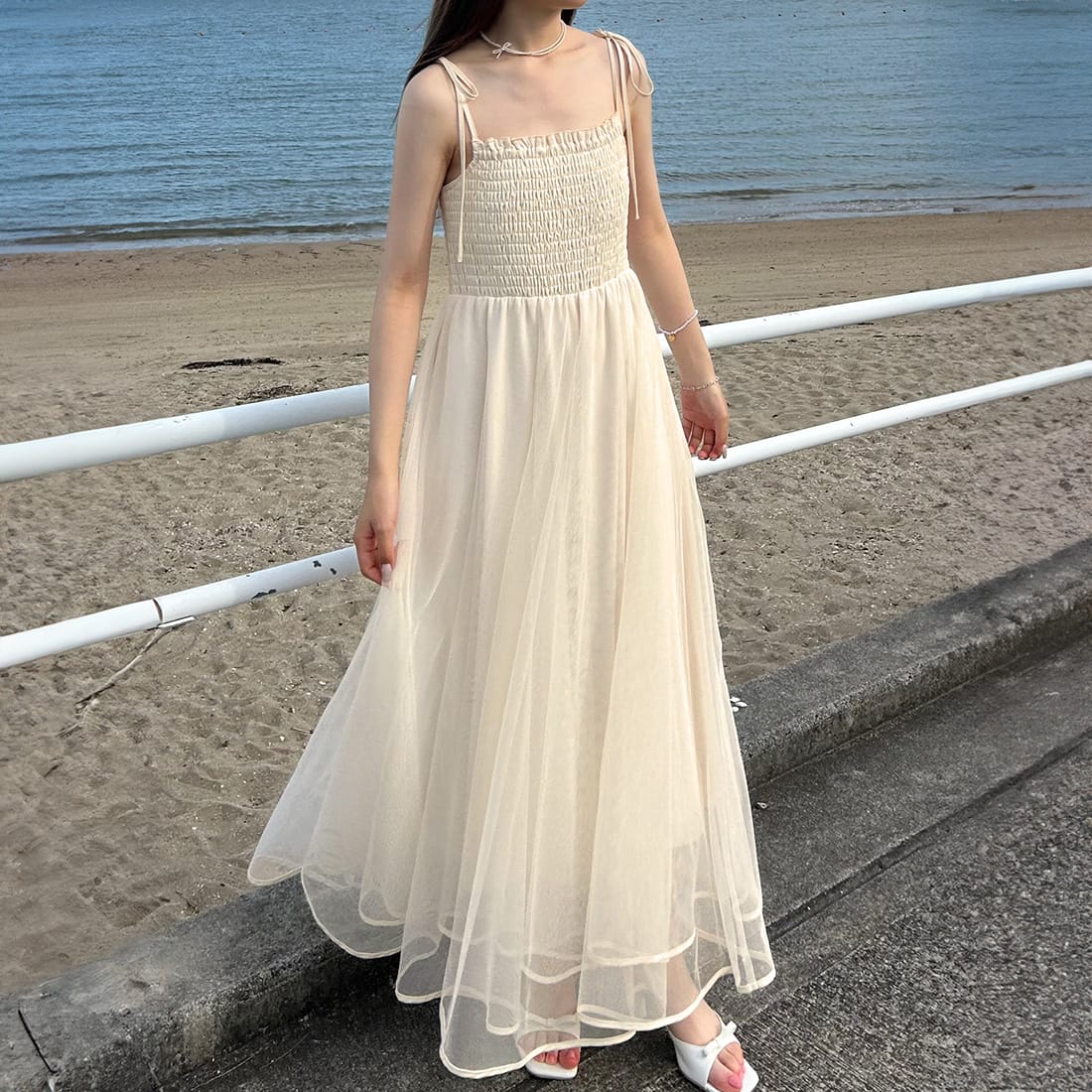 ショルダーリボンチュールドッキングキャミワンピース／ジュノア（JUNOAH）