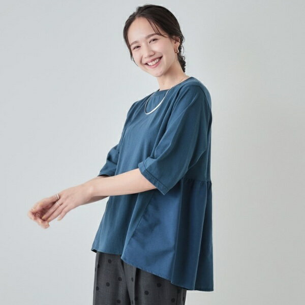 【洗える5分袖】バックギャザー 異素材切替トップス／シューラルー（SHOOLARUE）のサムネイル