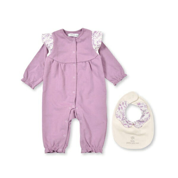 【お揃い】花フリルロンパース＋スタイセットベビー(70~80cm)／ベベ プチ ポワ ヴェール（BeBe Petits Pois Vert）