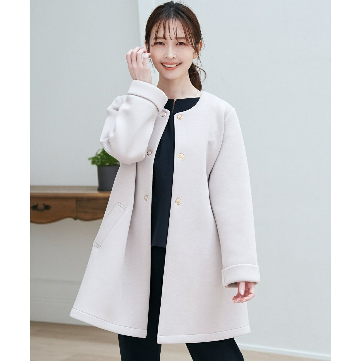 美品 YORTダンボールニットノーカラーコート ブラック 美品 YORTダンボールニットノーカラーコート ブラック