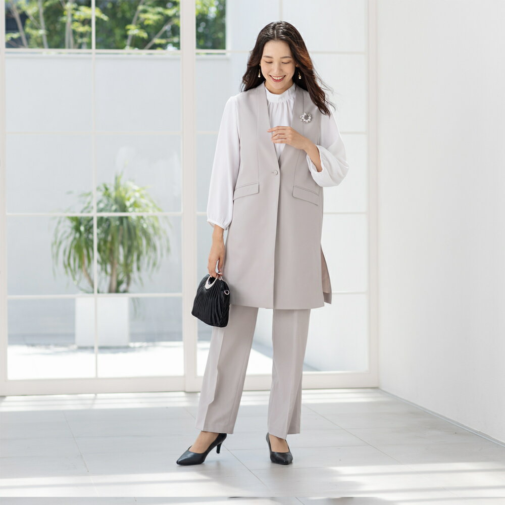 【S~4L】スーツ レディース セットアップ 洗える パンツスーツ ロング丈ジレ ベストスーツ／アッドルージュ（Addrouge）