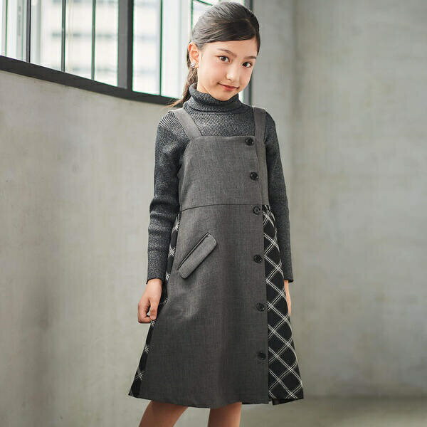 【新品】BEBE×ループヤーンチェックジャンパースカート イエロー 130 新品】BEBE×ループヤーンチェックジャンパースカート イエロー
