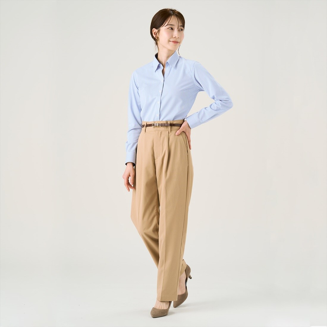 【ストレッチ】 形態安定 スキッパー衿 長袖ニットシャツ ／ブリックハウス（BRICKHOUSE）