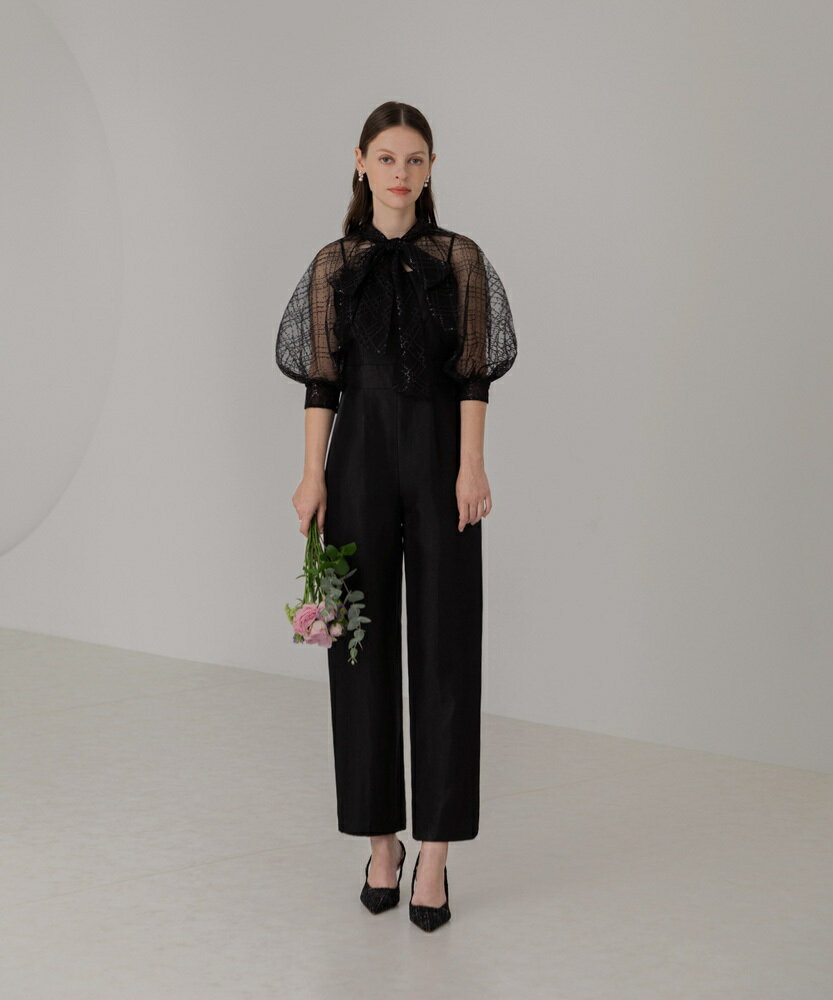 ドット柄スパンコールパフスリーブオールインワンドレス／レジャ（Leja）