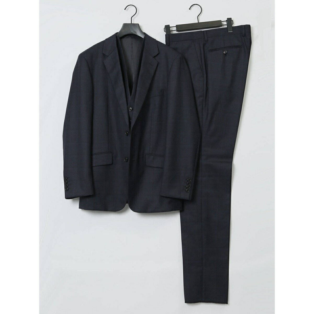【ウール混 パンツウォッシャブル】タカキュー 2ボタン3ピース セットアアップスーツ チェック紺/タカキュー(TAKA-Q)