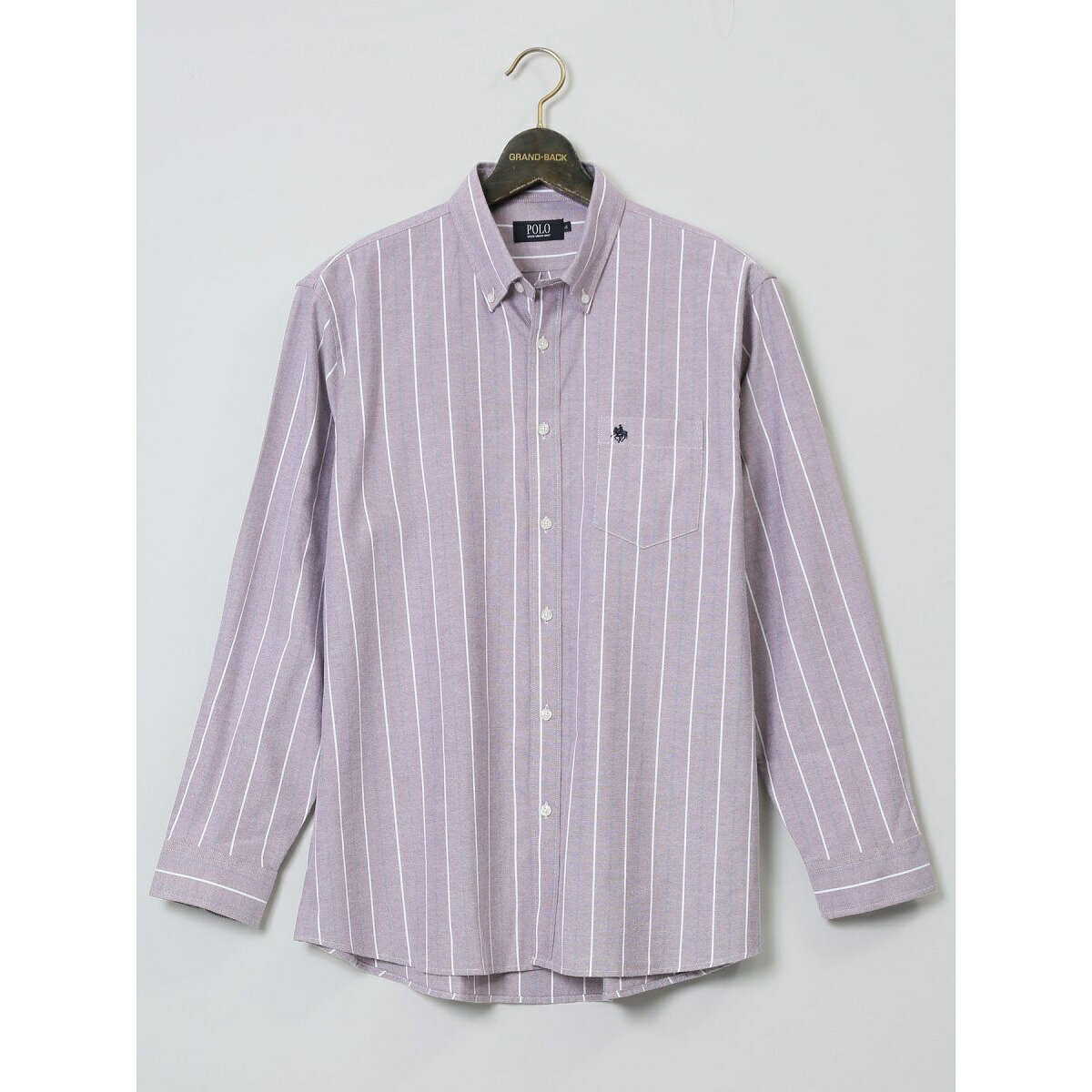 【大きいサイズ】ポロ・ビーシーエス 綿混 チェック＆ストライプ柄 ボタンダウン長袖／グランバック（GRAND-BACK）