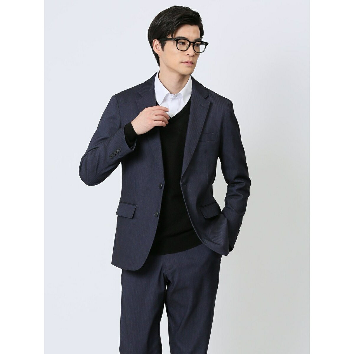 タカキュー クロスストレッチ 2ボタンジャケット ヘリンボン紺(セットアップ可能)／タカキュー（TAKA-Q）