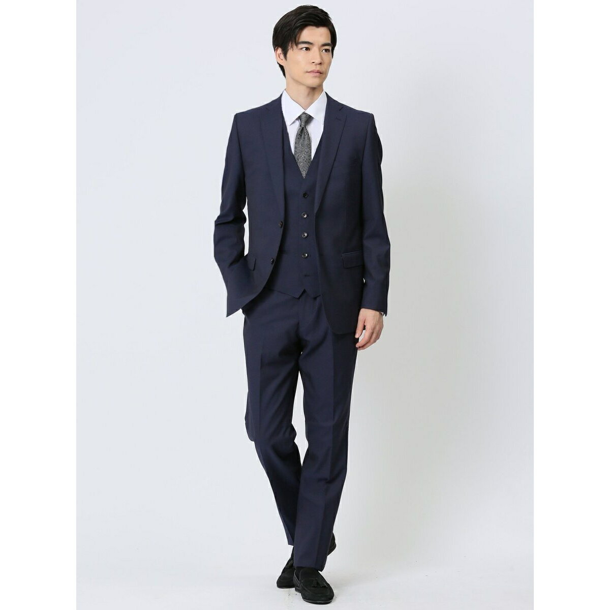 【超光沢 ストレッチ】レノマ オム 2ボタン3ピース ビジネスセットアップスーツ ジオメトリック紺/タカキュー(TAKA-Q)