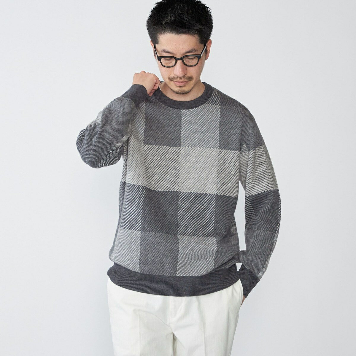 SHIPS:〈手洗い可能〉コットン カシミヤ チェック クルーネック ニット/シップス(SHIPS)