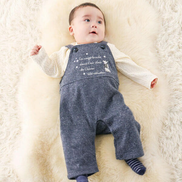 ネップツイードきつね刺しゅうサロペット(70~90cm)／フィヨ デュ ベベ ルダクティオン（fillot de bebe reduction）