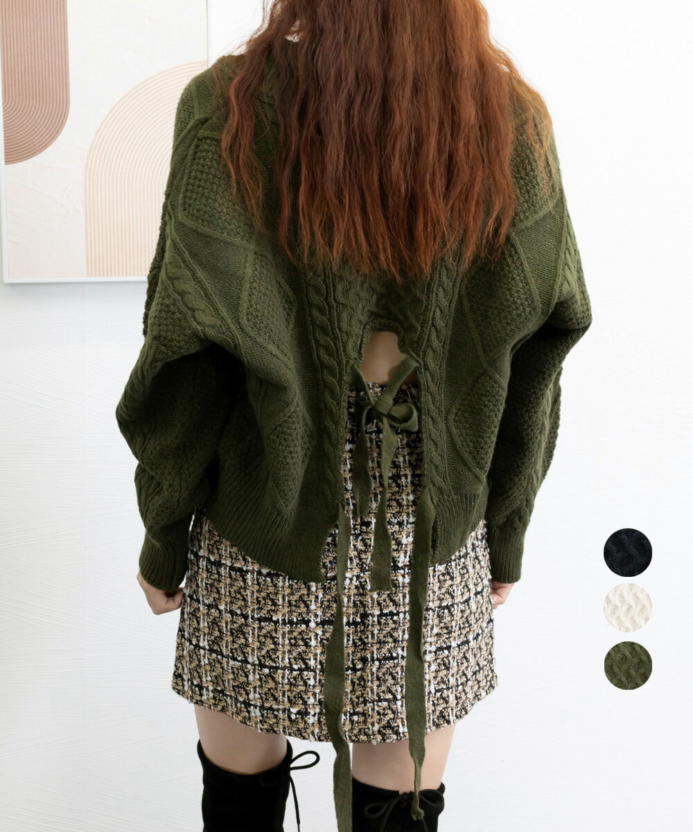 ケーブル編みニットトップス バックリボン／ミニミニストア（miniministore）