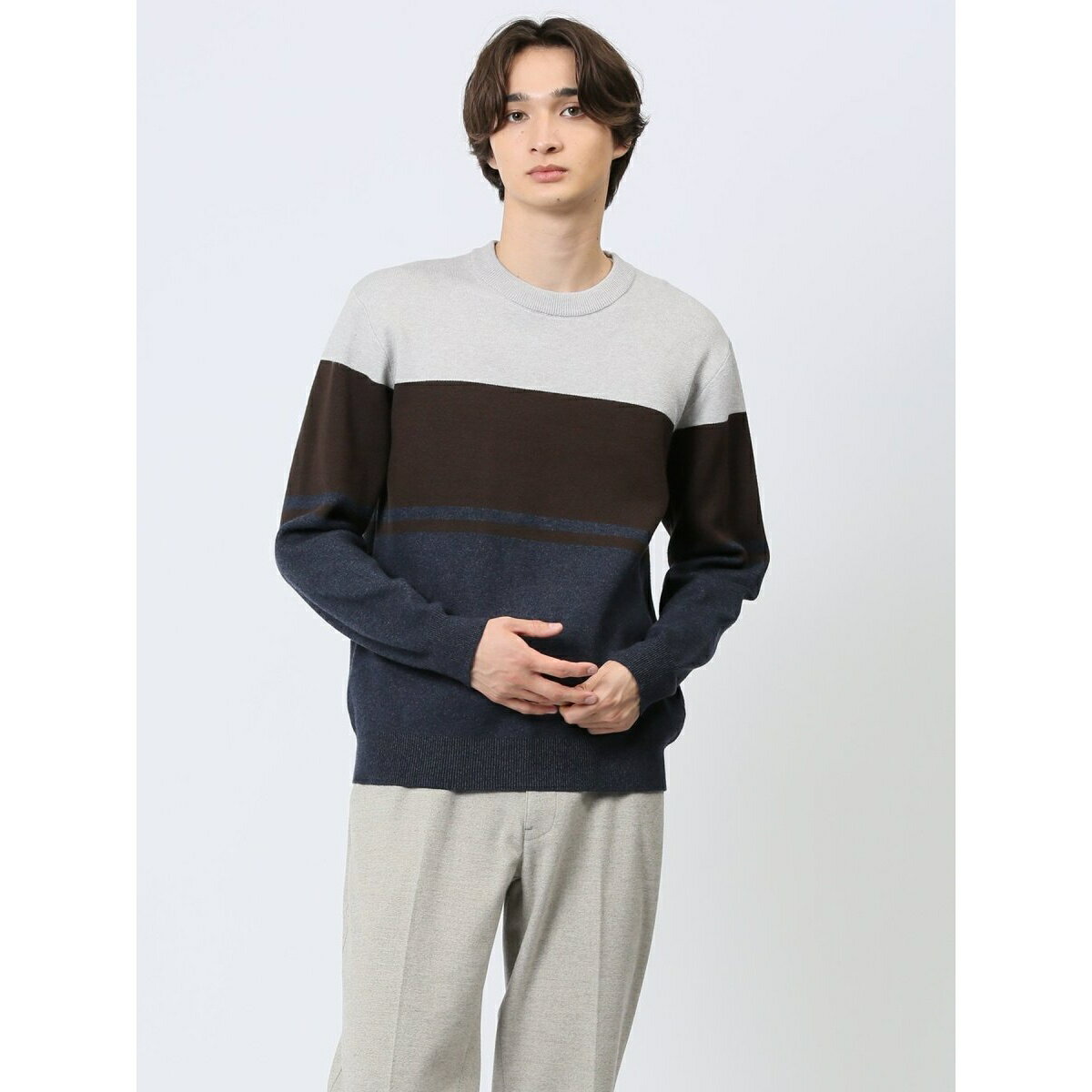 【ストレッチ　マシンウォッシャブル】タカキュー クロスストレッチ パネルボーダー クルーニット／タカキュー（TAKA-Q）