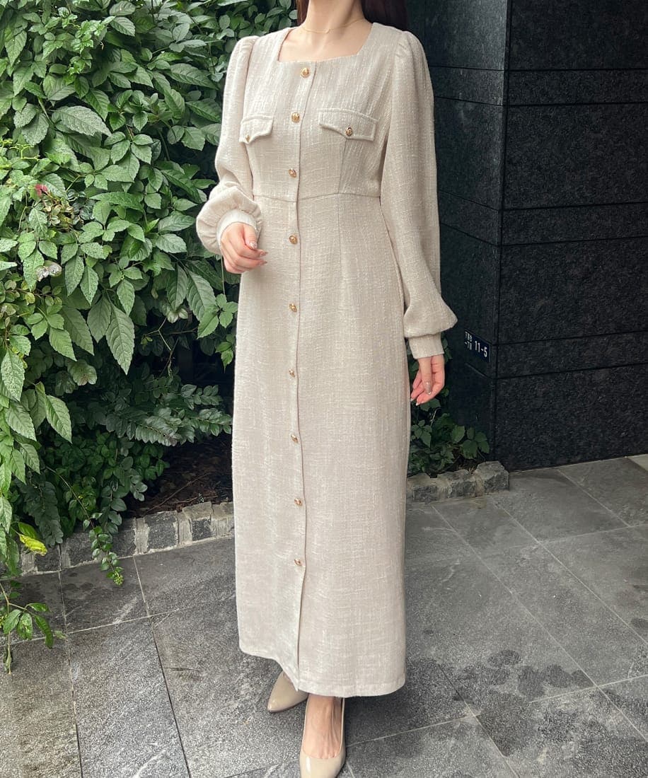 金ボタン薄手ツイードタイトワンピース／ジュノア（JUNOAH）