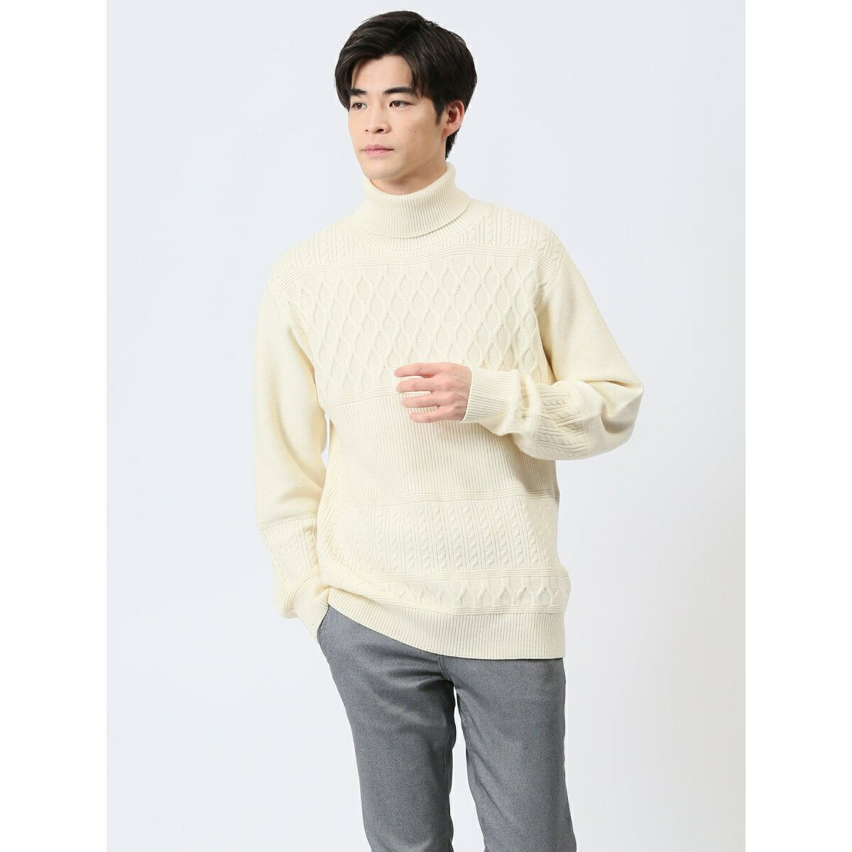 【ストレッチ マシンウォッシ】m.f.エディトリアル ふわもち パネルボーダー タートルネックニット／m.f.エディトリアル（m.f.editorial）