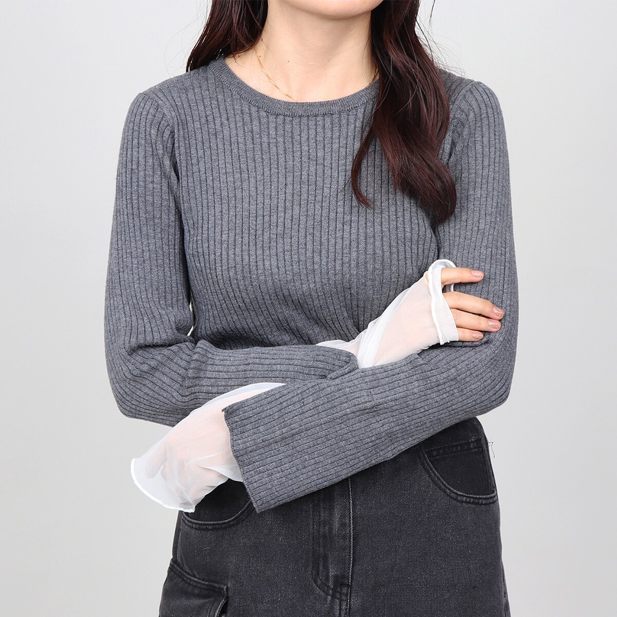 チュールレイヤードリブニットトップス／ベース（BASE）