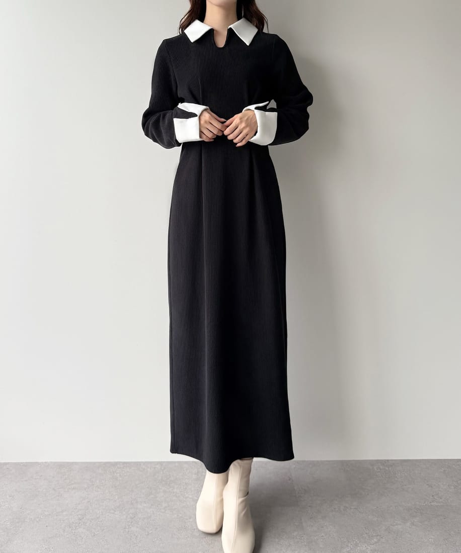 バイカラーコーデュロイタイトワンピース／ジュノア（JUNOAH）