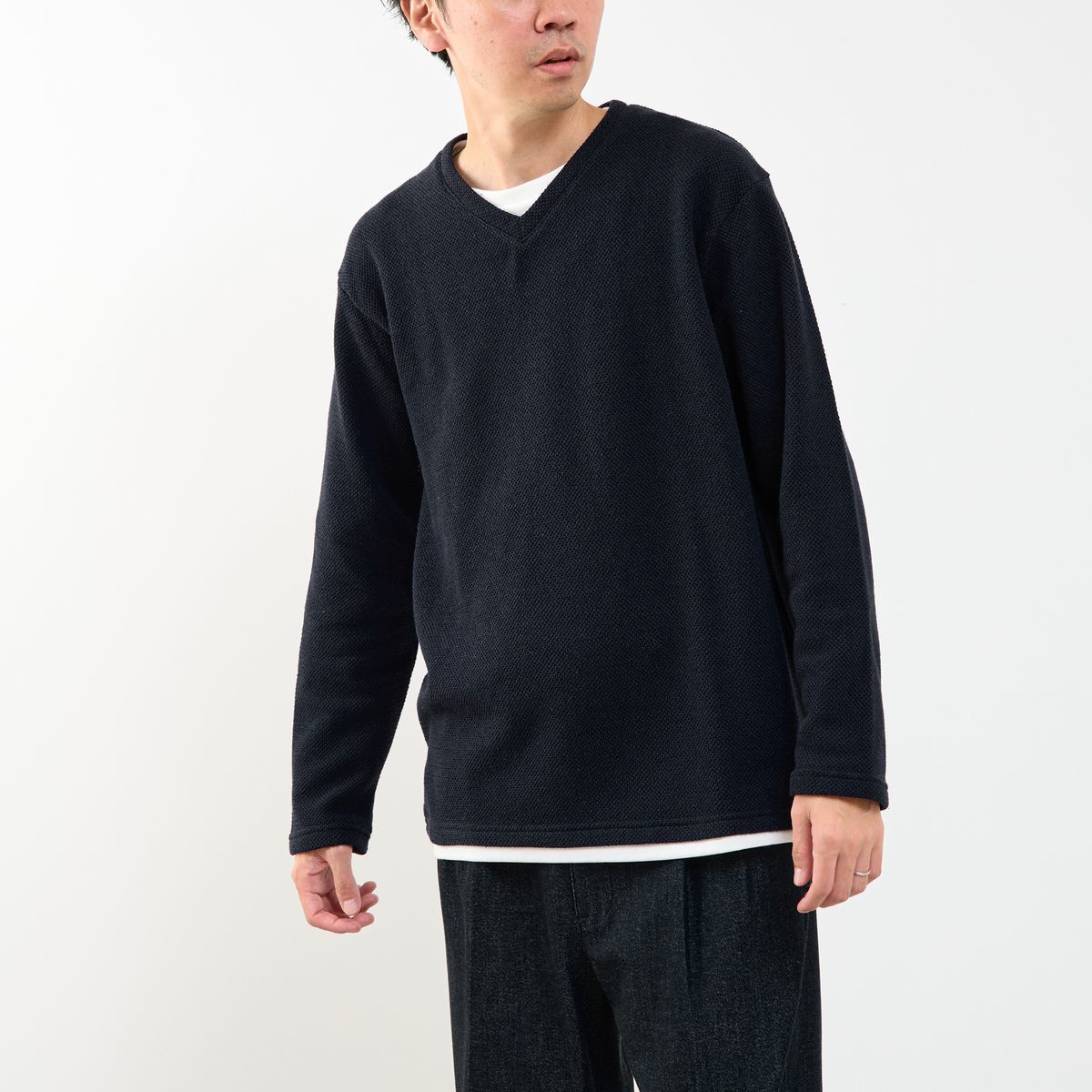ワッフル裏起毛フェイクレイヤード長袖VネッTシャツ／メンズメルローズ（MEN'S MELROSE）
