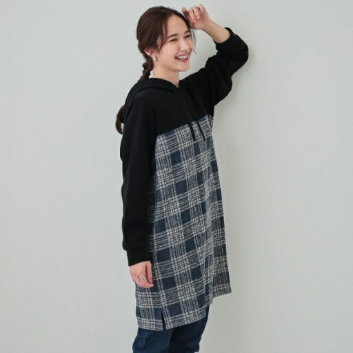 あったか裏起毛 チェック柄フーディーチュニック/シューラルー(SHOOLARUE) あったか裏起毛 チェック柄フーディーチュニック/シューラルー(SHOOLARUE)