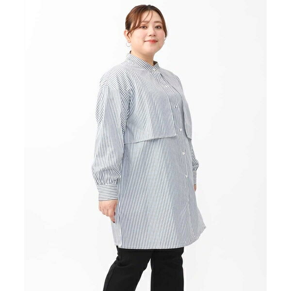 【大きいサイズ/soso×eur3】ケープ風ストライプシャツ／エウルキューブ（eur3）