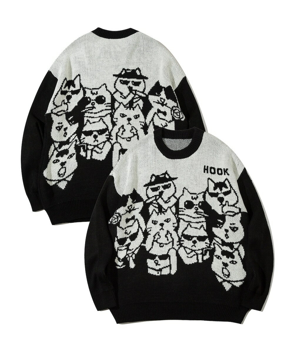 HOOK -original-　激カワ　にゃんにゃんマフィア総柄ニット風スウェット／フック（HOOK）