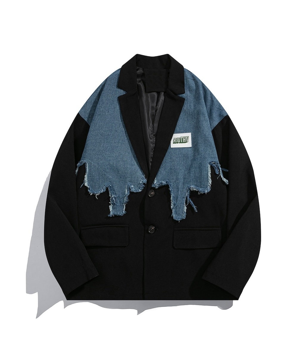 【HOOK】個性派 デニム異素材切り替えデザインテーラードジャケット／フック（HOOK）