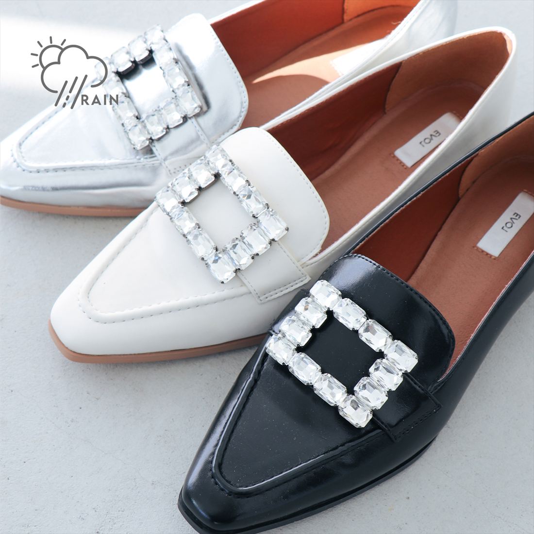 【25春夏新作】【軽量・晴雨兼用】晴雨兼用ソフトビジューバックルローファー IY5613／EVOL（EVOL）